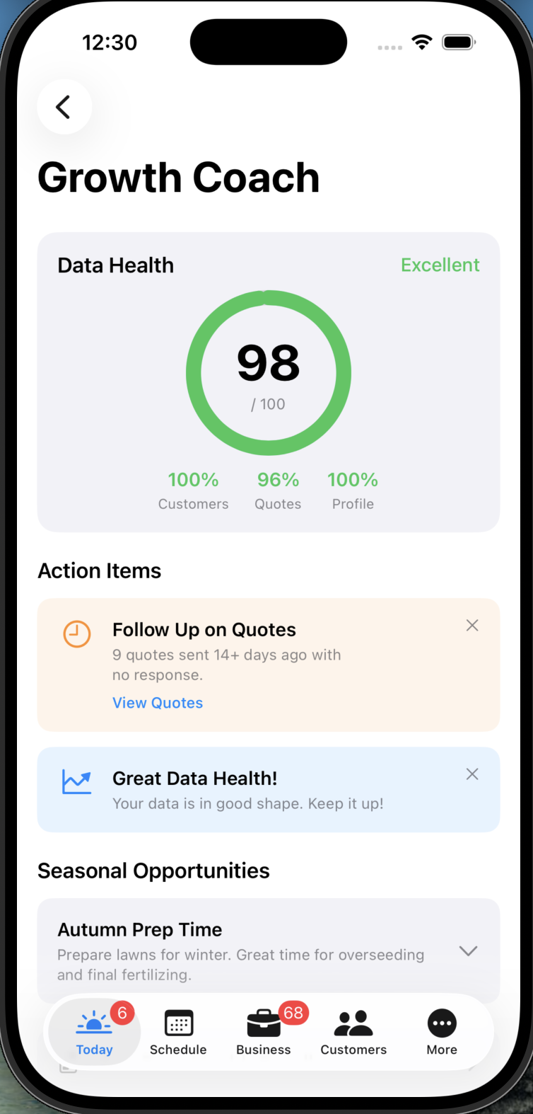 Growth Coach with 98/100 data health score and action items
