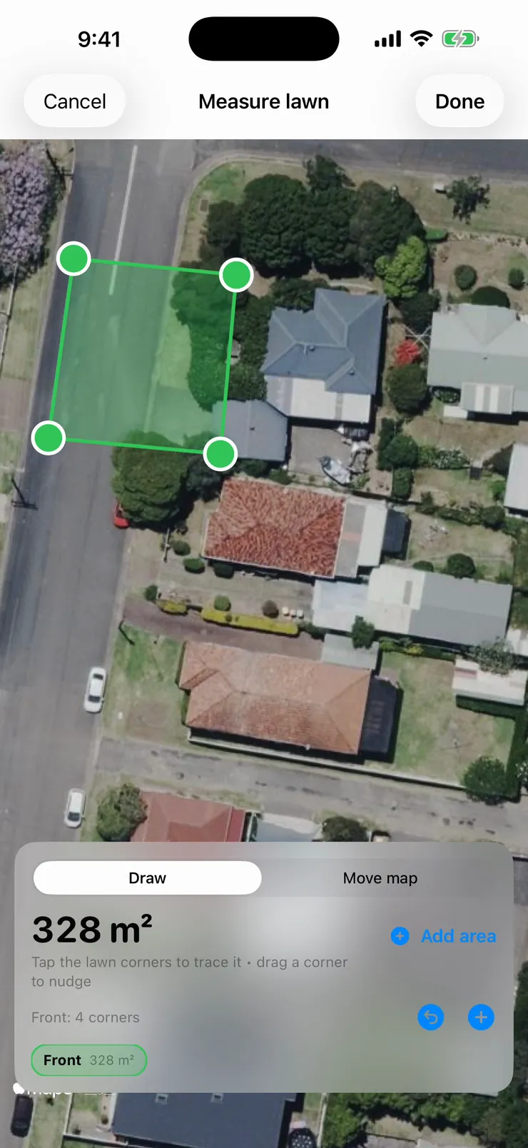 Satellite measurement overlay with a traced lawn polygon showing 328 square metres