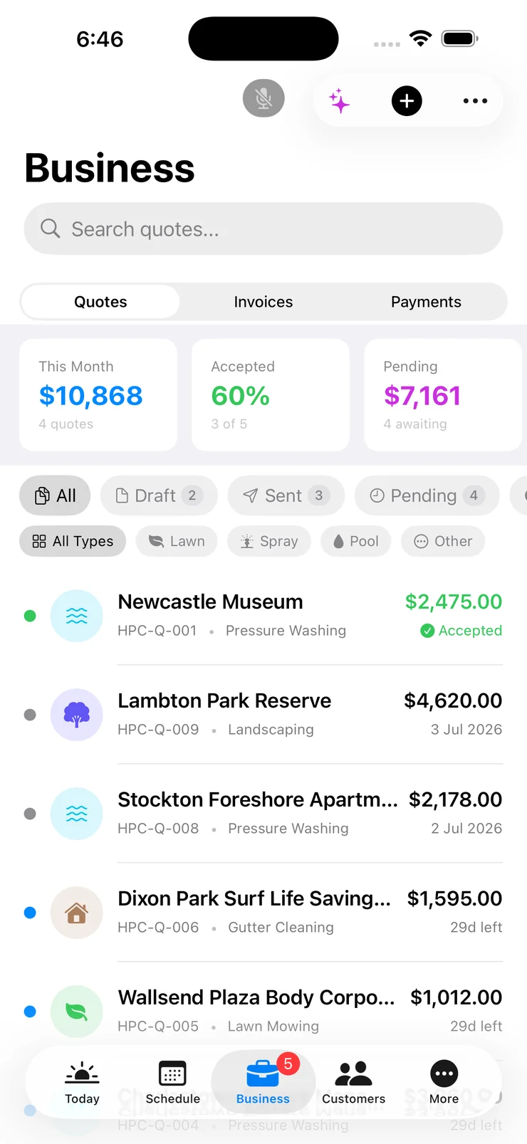 Quotes pipeline — this month, accepted rate and pending quotes by trade